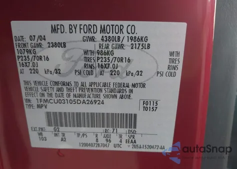 2005 Ford Escape Xlt from USA, damaged, VIN 1FMCU03105DA26924